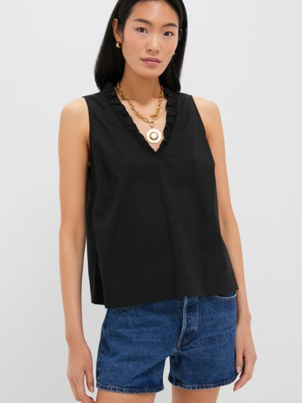 Sleeveless Black V-Neck Ruffle Trim Top